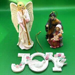 Vintage JOY Dove Angel Nativity Ornaments Set/3 Holiday Décor Christmas Classic